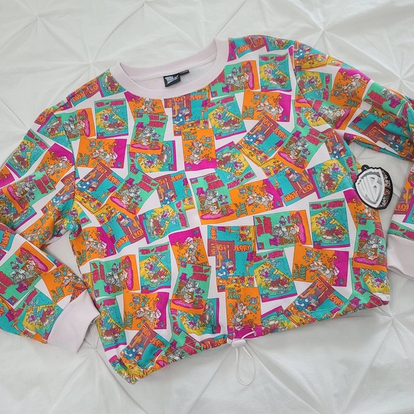 Tom & Jerry Sweatshirt Large Comic All Over Print Cartoon Fleece NWT Orange Pink - Picture 4 of 10